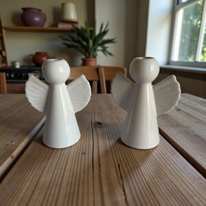 White Ceramic Angel Taper Candle Holders